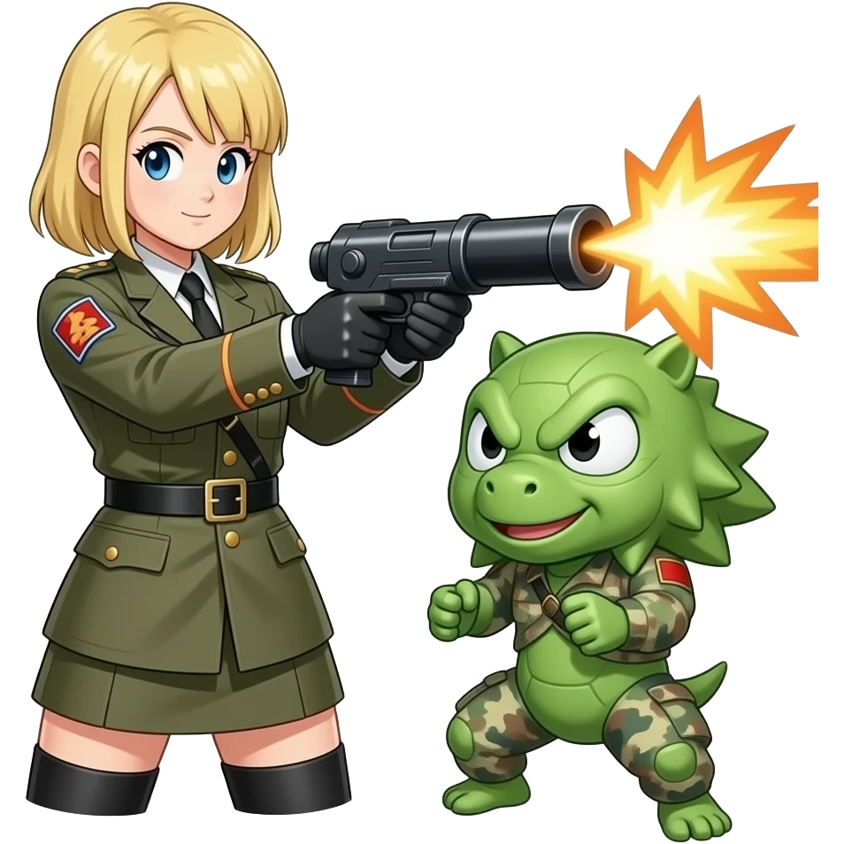 blonde shoulder length haired female android 18 from dragon ball fighterz are wear with army general dress have shoot with cannon target on enemy emoji
