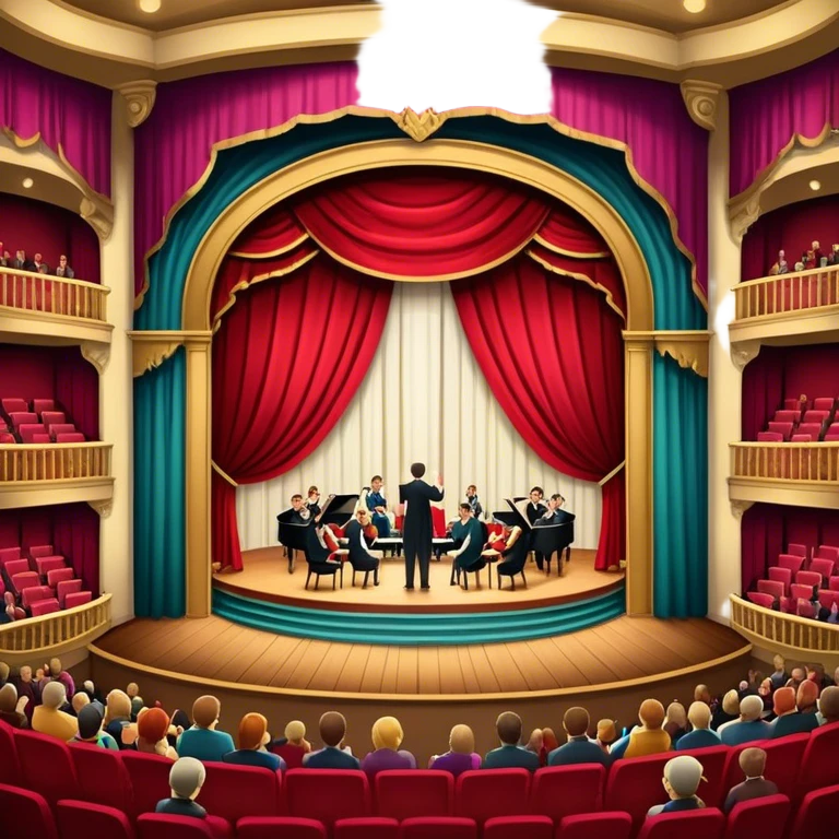 An icon depicting a theater stage with actors performing a play, illuminated by dramatic lighting. The audience watches from colorful balconies, while an orchestra plays in the pit, creating an immersive atmosphere. transparent background. emoji