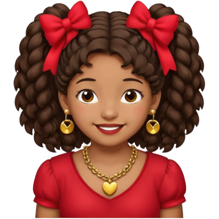 Brownskin girl dark brown hair fluffy. pigtails with red bows brown eyes smiling closed mouth red shirt gold esrrings gold necklace emoji