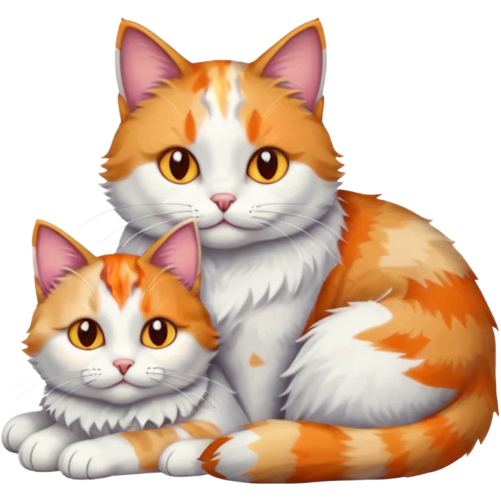 large grey and white cat cuddling a colourful light patched calico + white tabby cat emoji