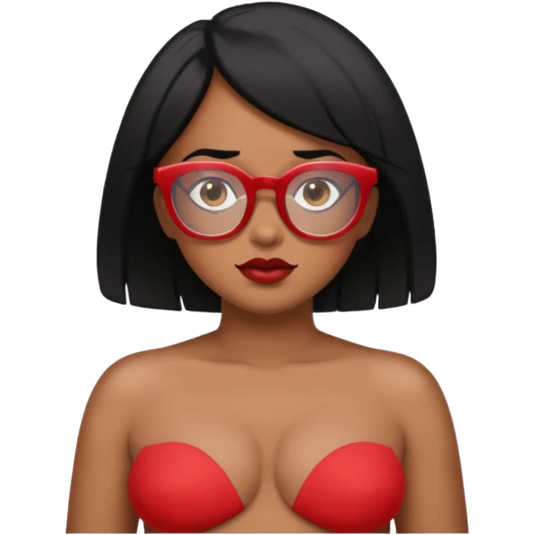 Topless shrug, black hair, red glasses, brown skin, bigger areola  emoji