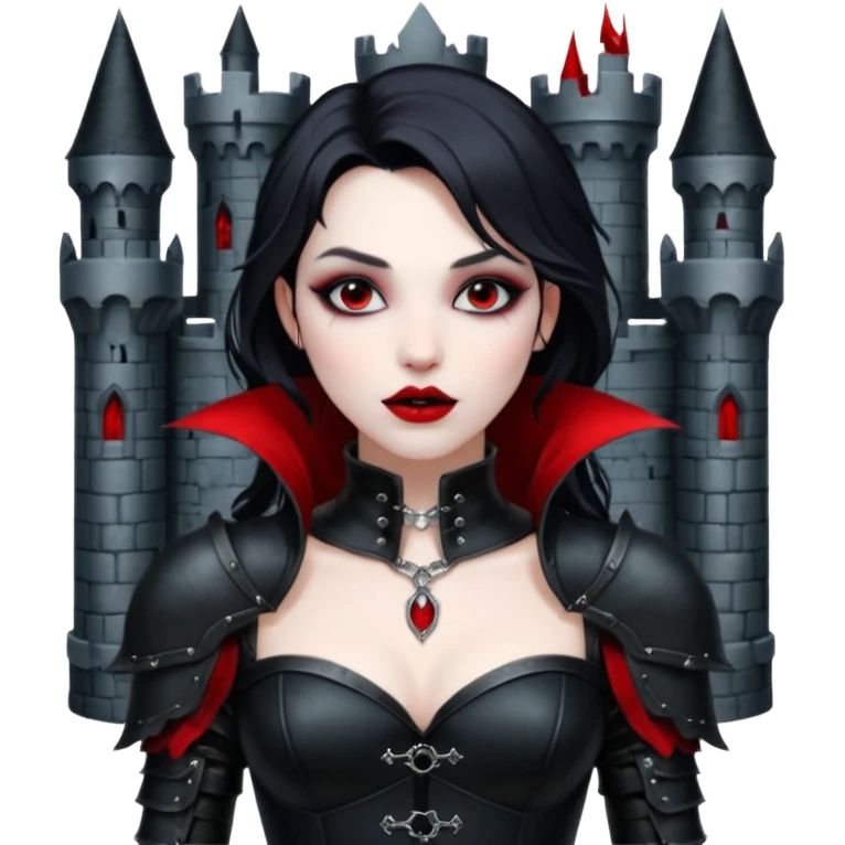 Vampire woman in black leather armor, exposed shoulders, cold desire, gothic castle interior emoji