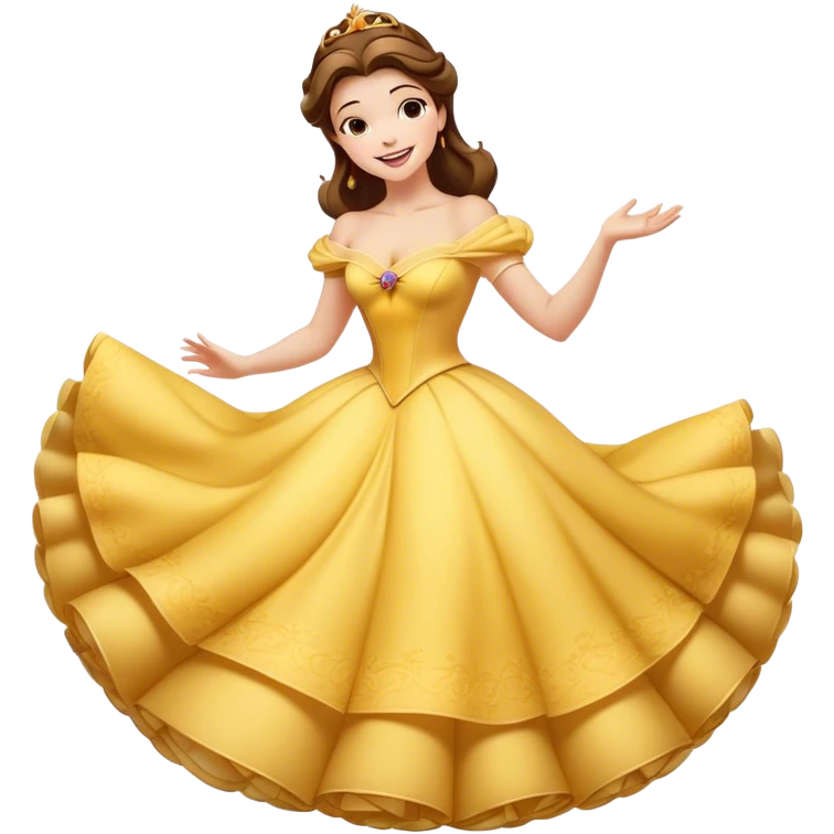 Cinematic Playful Belle Portrait Emoji, Spinning joyfully in her ball gown, arms outstretched, a radiant smile lighting up her face, exuding an enchanting blend of fun and elegance! emoji
