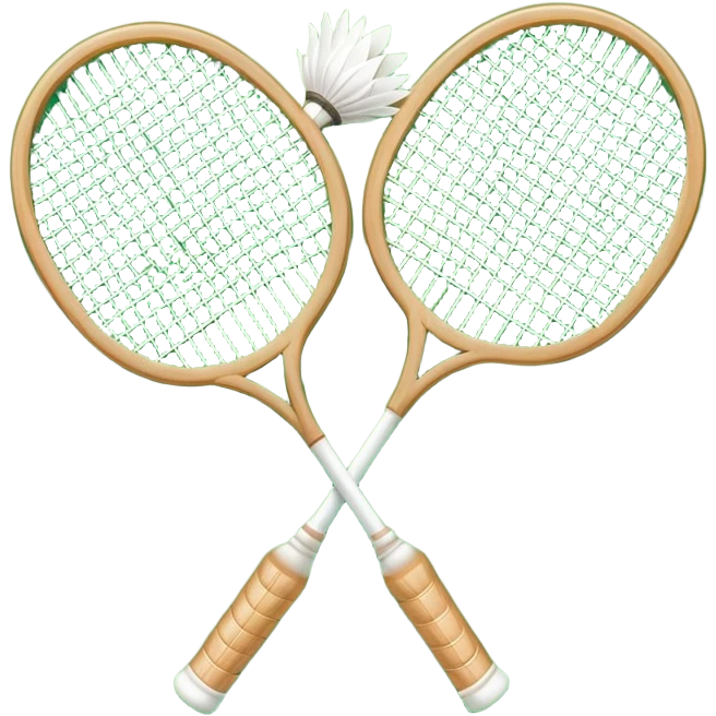 Two crossed badminton rackets with a shuttlecock resting in between, set against the faint outline of a badminton court. The image highlights the tools of the sport, with a subtle emphasis on the court's net and boundaries, symbolizing competition and skill. emoji
