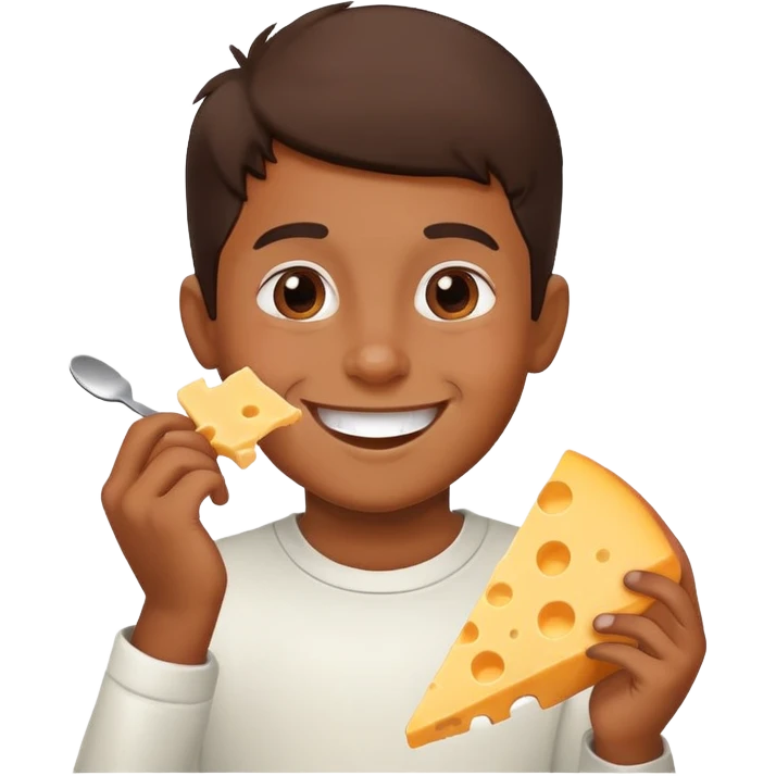 Brown boy eating cheese, really happy emoji