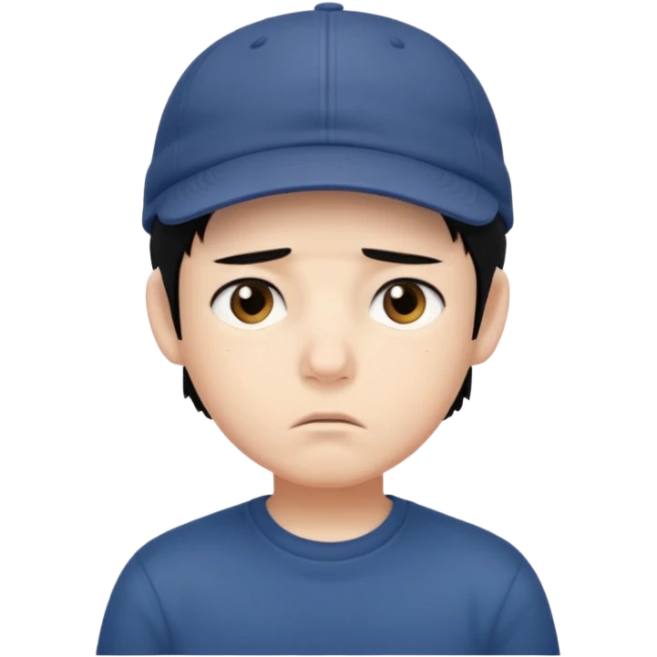 Gere um menino de cabelos preto e boné com feição triste emoji