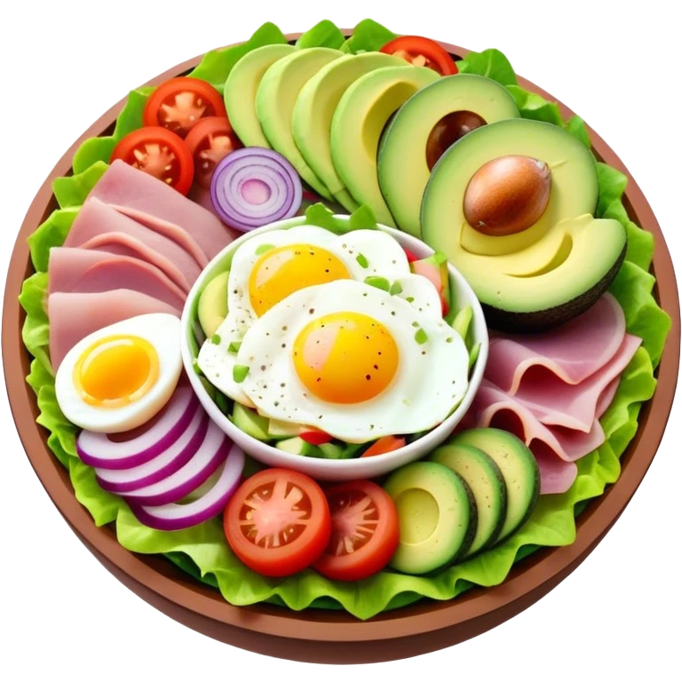A chef salad with meat, cheese, egg, tomato, ham, avocado, cucumbers, purple, onions, and bell pepper emoji