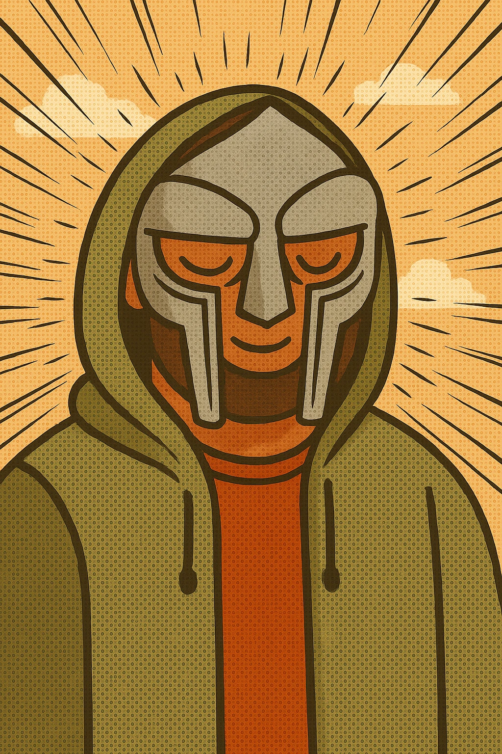 Add comic book effects including halftone dots, bold lines, and action lines to the MF Doom stylized portrait while keeping the flat warm color style. emoji