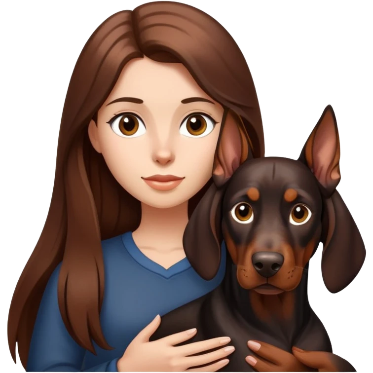 A girl with long brown hair is holding a Doberman emoji