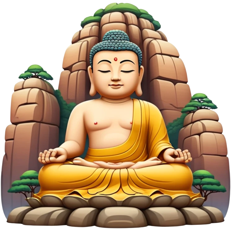 Leshan Giant Buddha massive stone statue, simplified emoji style with bold outlines and bright colors, cartoon style sitting Buddha carved in cliff emoji