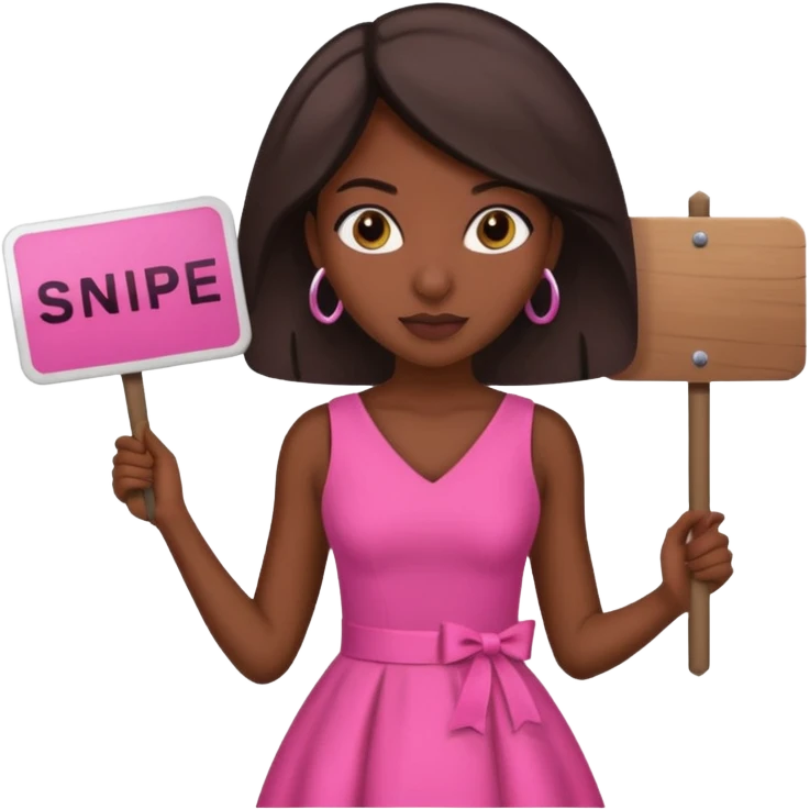 Dark skin woman with black bob in hair holding sign that says snipe  wearing pink dress  emoji