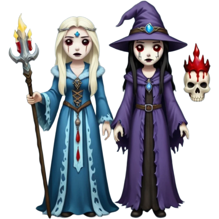 An attractive Alaskan princess, full body, Standing next to a wizard In the style of your bleeding skull art. Dark gritty and menacing  emoji