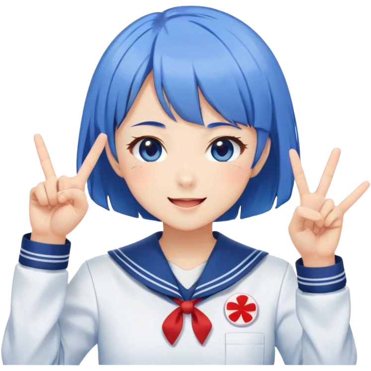 Energetic anime girl with short blue hair wearing Japanese sailor style school uniform, winking and making double peace signs, very cheerful and bubbly, kawaii style emoji