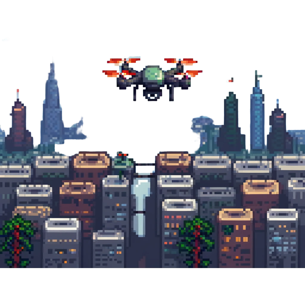 pixel art drone above a cityscape with bright lights emoji