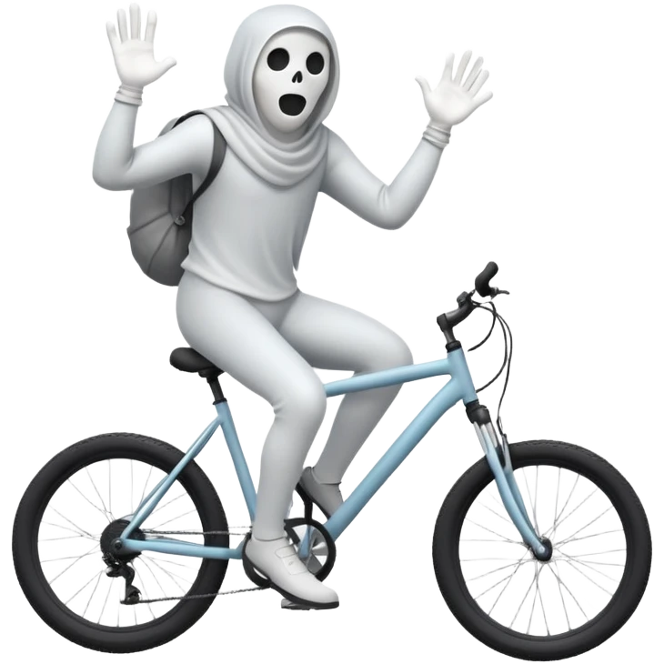 Ghost on bike, 3d pictogram, full body, male, arms covered by cloth and invisible, holding handlebars, left hand also holding handlebars, riding mountain bike, straddling bike, mountains in background removed, Disney style emoji