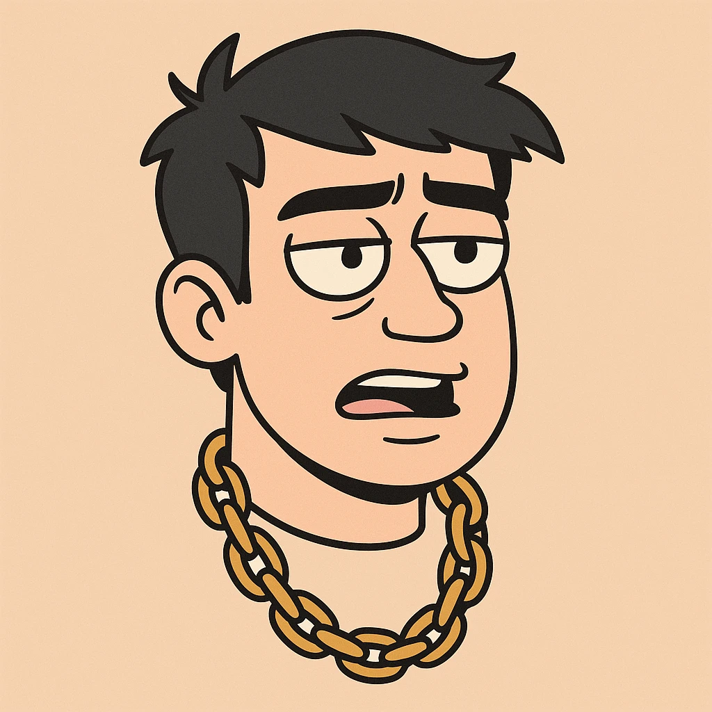 floating head of a guy with black hair and a rapper chain, stylized, modern flat toon style illustration, bold lines emoji