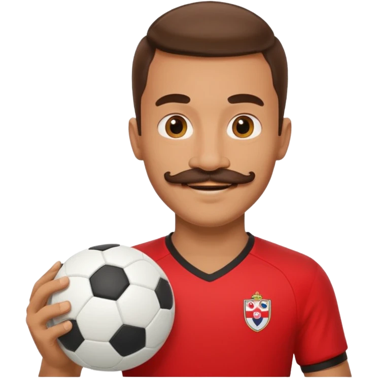 man soccer player red jersey with mustache holding soccer ball emoji