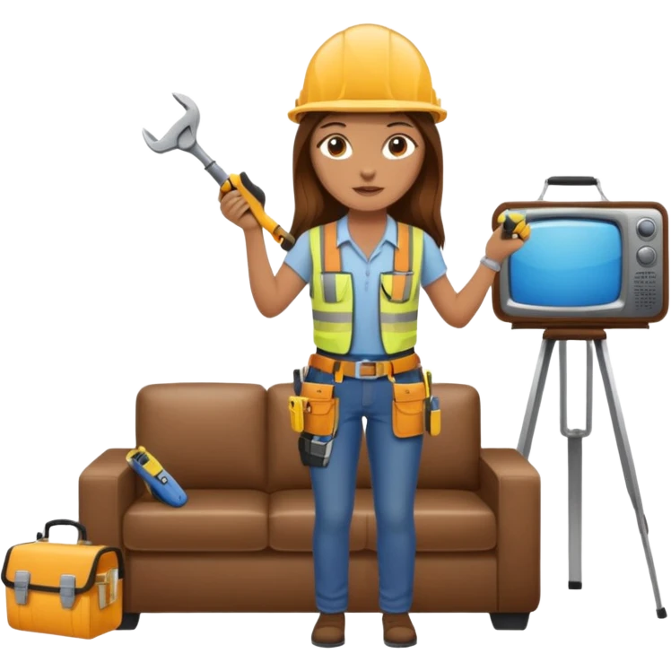 beautiful girl with long brown hair constructing new lounge room area with tv and couch emoji