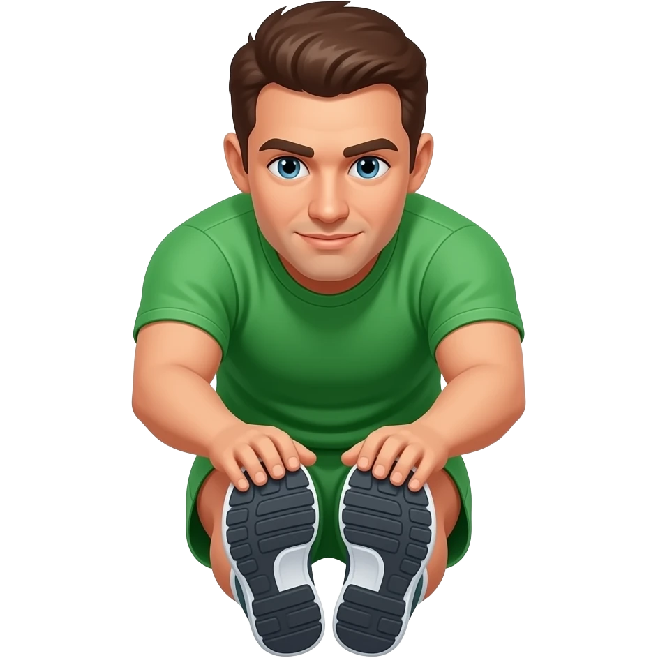 guy in green workout shirt and shorts facing me stretching down by touch toes feet together emoji