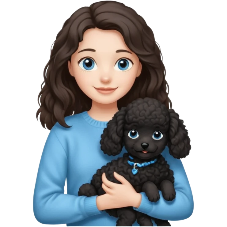 One Brunette girl with blue eyes and long hair in a light blue sweater holds one black Poodle puppy in her arms emoji