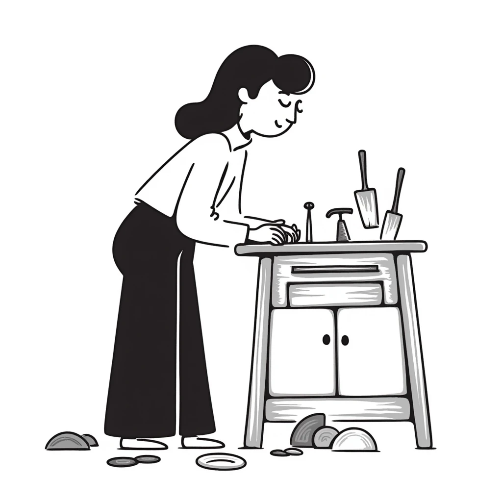 experienced furniture maker at workbench, expressive lines emoji
