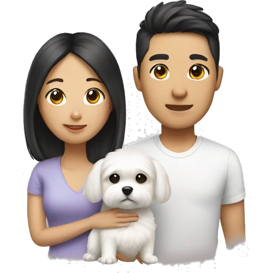 an asian couple with a small white fluffy dog emoji