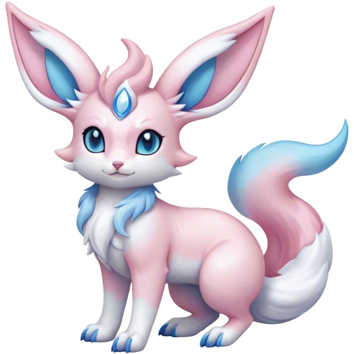 Feral Rare Fantasy cute realistic adorable pastel pink light-blue white iridescent Sylveon-Vernid-Sergal-hybrid by LiLaiRa, markings, tufted ears, full body emoji