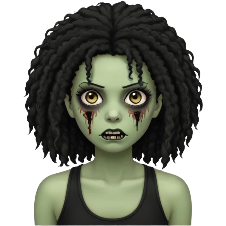 a female zombie with sage green skin, black long afro hair, eyelashes and a black tank top emoji