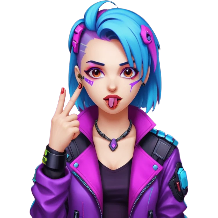 Woman with her tongue out in cyberpunk clothing and giving the middle finger. Looking naughty. emoji