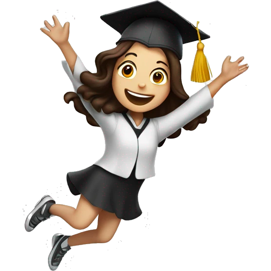 Girl with long dark brown hair jumping high in the air in celebrating graduation from cooking school emoji