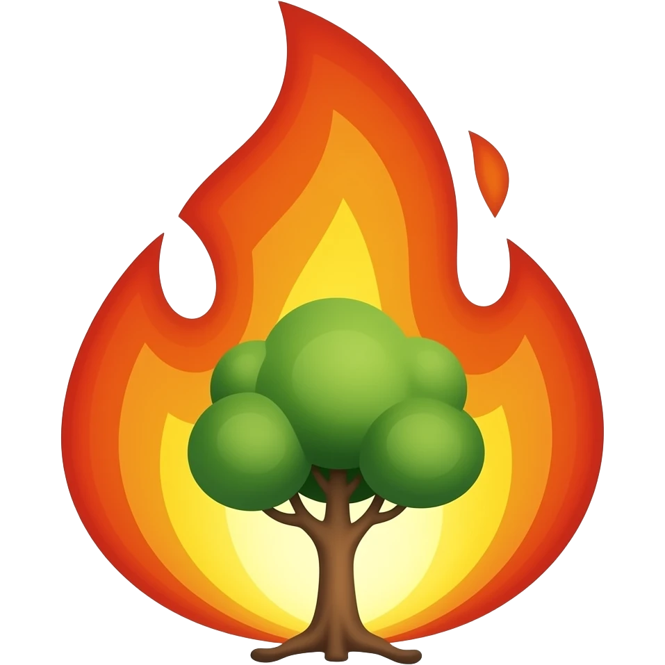 Minimalist emoji of the biblical burning bush: a small green bush surrounded by golden and reddish flames that burn without consuming the plant. Simple, clean modern style, soft glowing colors, sacred symbolic appearance, transparent background, similar to an official emoji. emoji