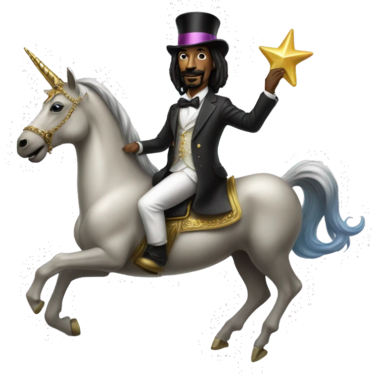 Snoop dog riding a unicorn with a top hat on emoji