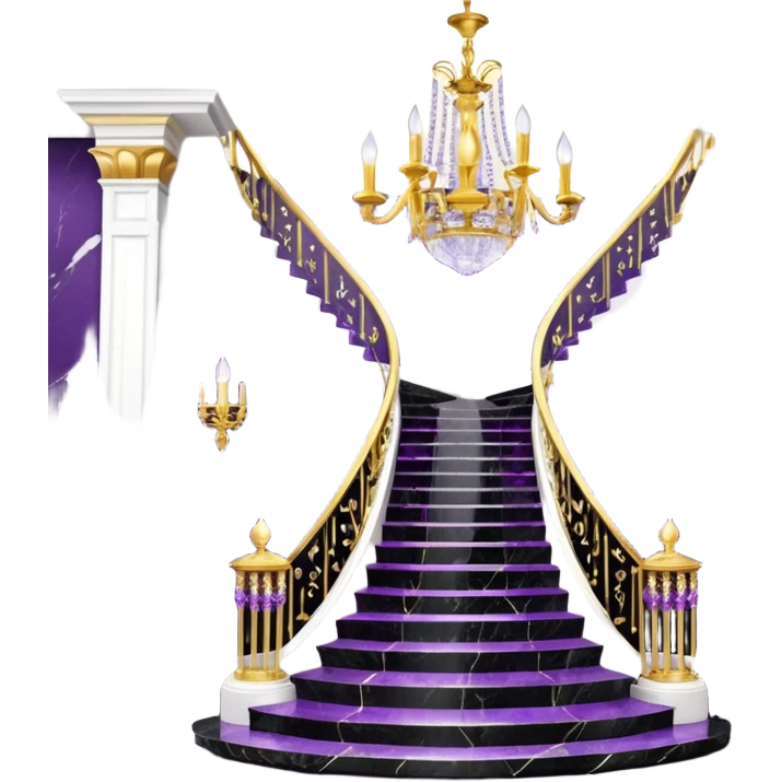 Luxurious black marble hallway stairs with gold and white accents  with purple crystals in chandelier emoji
