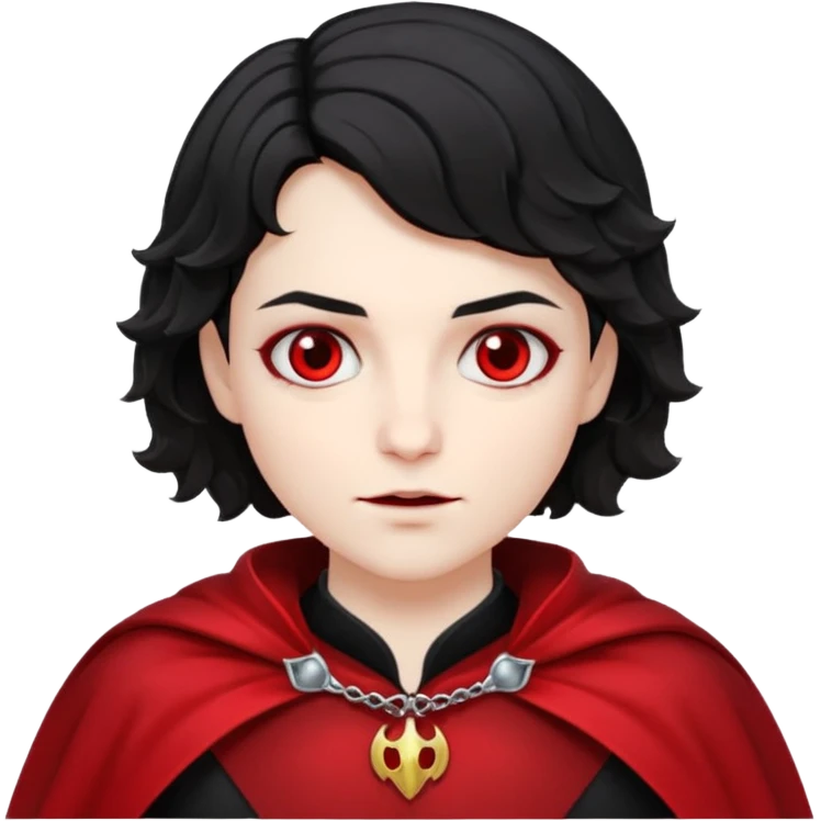 Pale skin, short black wavy hair, red and black cape. A traditional vampire look. emoji