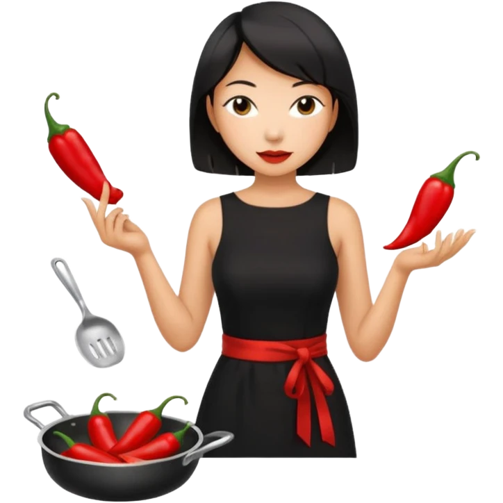 asian black short shoulder length hair tanned woman, black dress cooking, holding chili pepper emoji