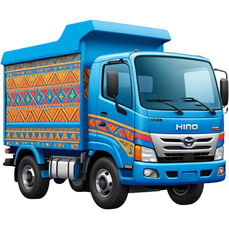 Emoji style illustration of a Hino 500 truck, colorful Peruvian decorative truck art, bright blue body, Andean patterns and vibrant painted details, bold outlines, flat vector style, clean shading, sticker design, centered, white or transparent background, high detail, cartoon style emoji