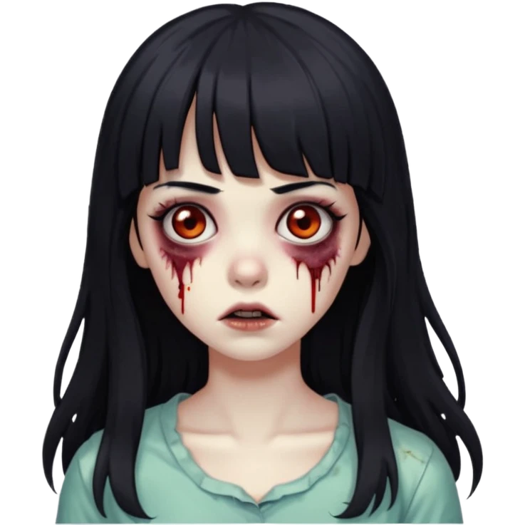 Zombie girl, black hair with bangs, slightly wavy, very long hair,long eyelashes, black eyes,iOS style emoji