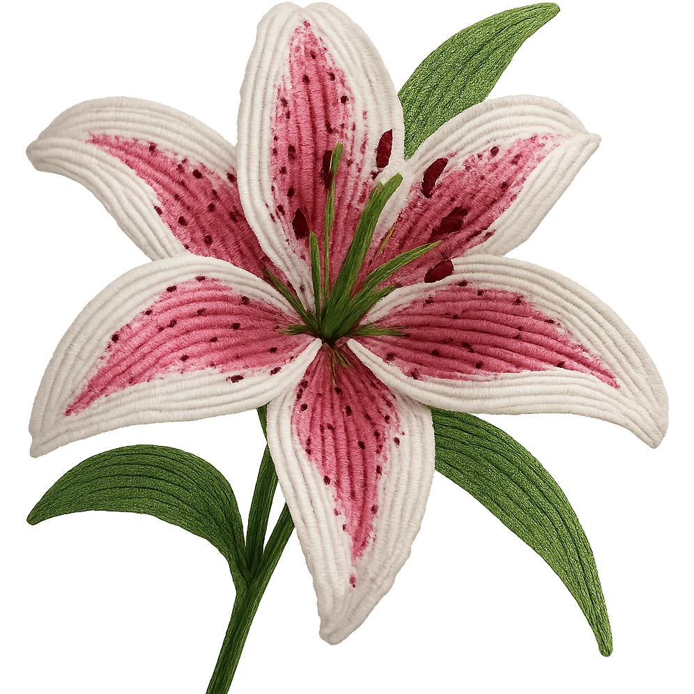 french beaded stargazer lily, intricate glass seed beads, wirework, realistic flower, vibrant pink and white petals, green leaves, elegant, close-up, no background emoji