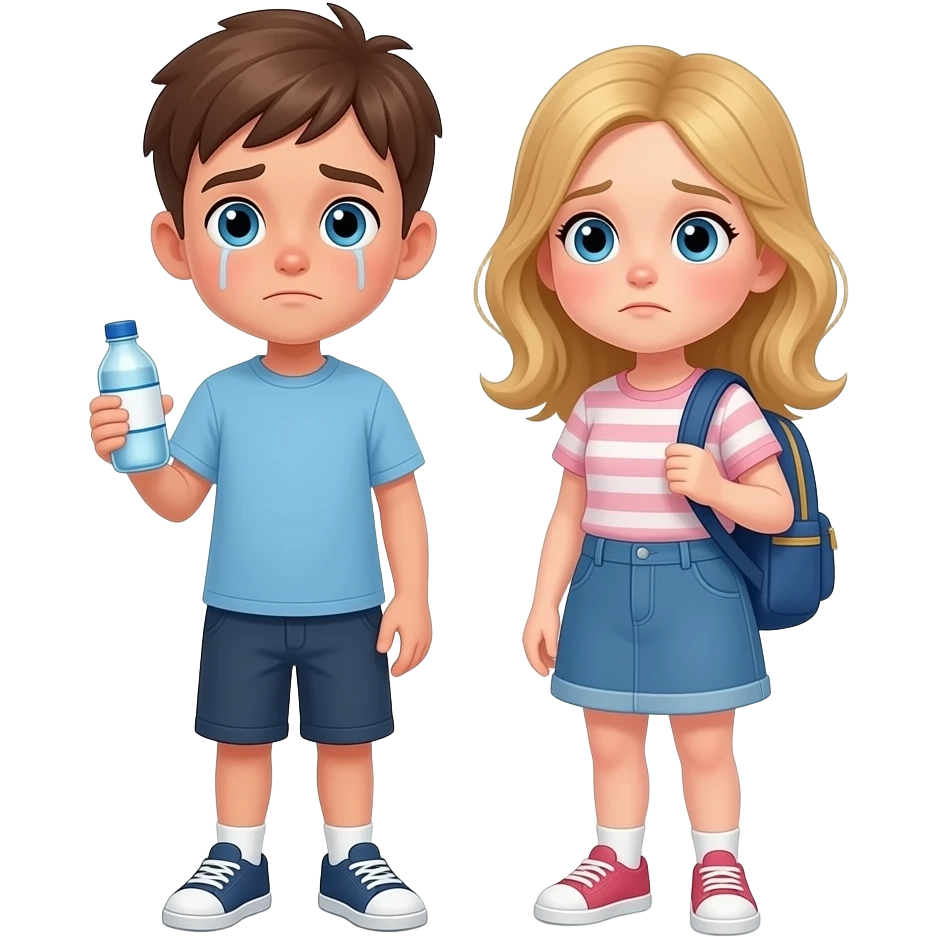 chico y chica  cansados el chico castanyo i con pelo corto y la chica pelo suelto y un poco rubia pero castaño y los dos tienen ojos azules son hermanos con uno una botella i otro una mochila. estan depie emoji