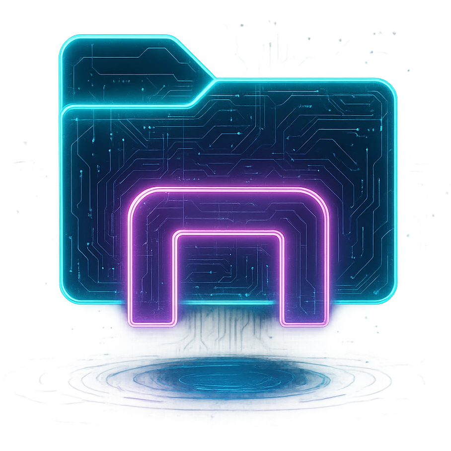 Transform the Windows file explorer icon into a cyberpunk-style icon with glowing neon edges, holographic effects, and futuristic details, as if displayed on a sci-fi hologram PC. Maintain a transparent background. emoji