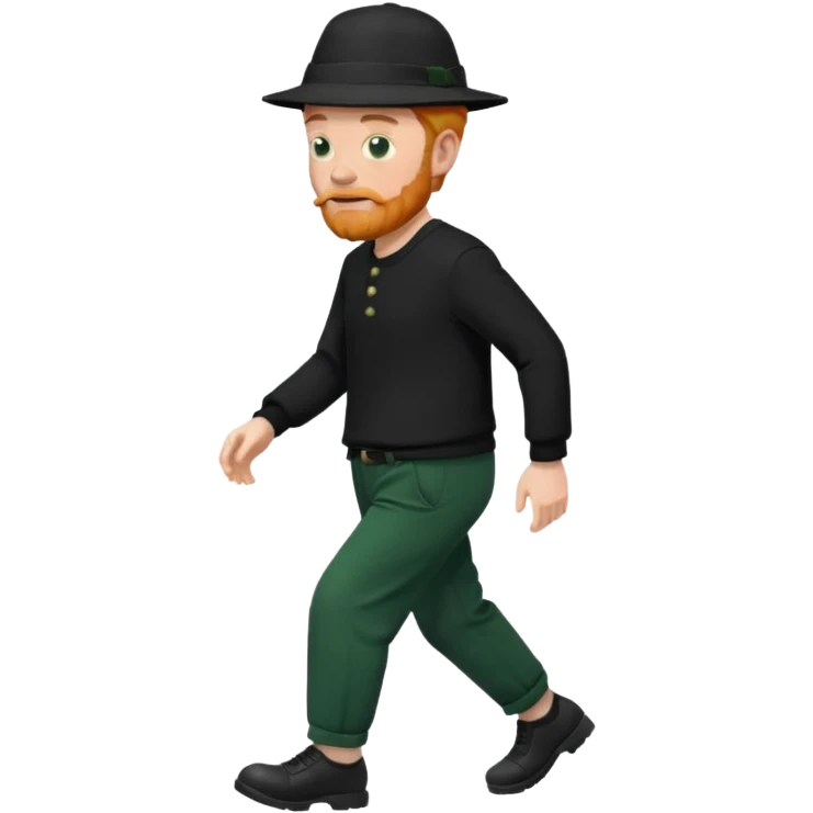 גבר זקן ג'ינג'י מלא כובע שחור הפוך חולמה שחורה ומכנסיים ירוקות ארוכות מבצע הליכה במקום  emoji