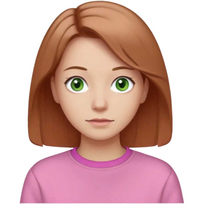  Una donna con una felpa semplice rosa, senza cappuccio. i capelli sono lunghi fino alle spalle marroni chiaro,gli occhi sono verdi  emoji