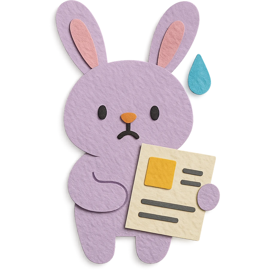 lavender bunny sweating and holding a report, paper-craft style emoji