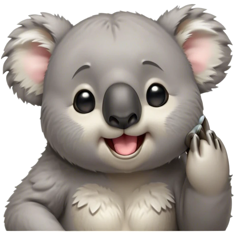 Cinematic Cute Yawning Koala Portrait Emoji, Head tilted slightly with a dramatic, wide-open yawn, showcasing a soft, downy grey fur with drooping ears and round eyes barely open in drowsy contentment, Simplified yet irresistibly adorable features, highly detailed, glowing with a soft, cozy glow, high shine, relaxed yet expressive, stylized with a touch of gentle whimsy, bright and endearing, soft glowing outline, capturing the essence of a sleepy yet affectionate koala, so drowsy it feels like it could stretch out of the screen and curl up for a nap! emoji