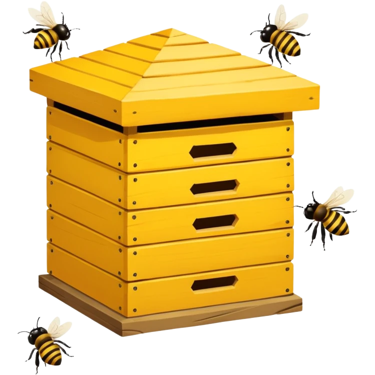 A wooden hive box with bees buzzing around the entrance. emoji