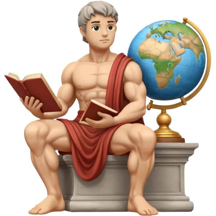 muscular stone statue with a stoic expression, seated on books, reading, globe included emoji