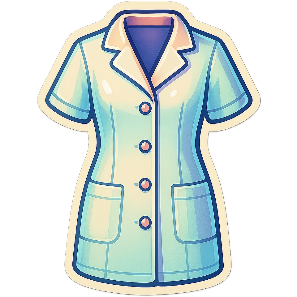 female medical coat with short sleeves full length, no girl, front view, retro stickers style, soft rounded shapes, clean contours, pastel palette, detailed shadows and highlights, modern illustration, transparent background emoji