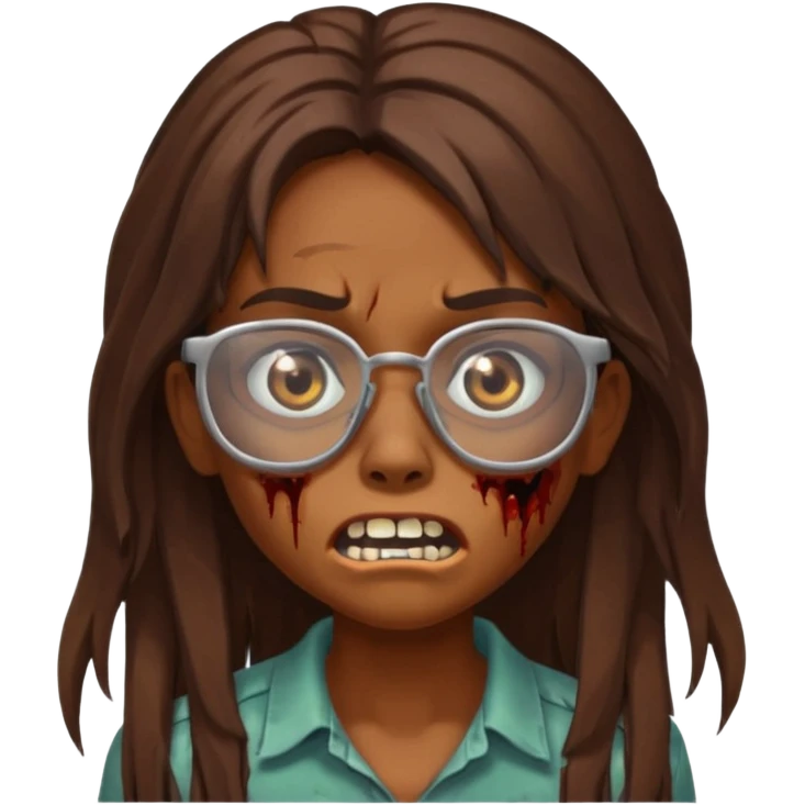 Girl zombie with brown long hair with teeth and serious face IOS style with glasses emoji