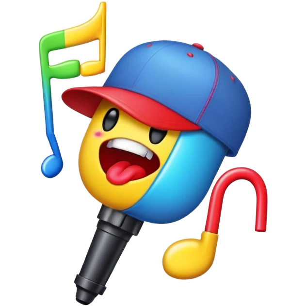 Create a vibrant and creative emoji that represents beatboxing. The design should feature a microphone with a cap placed on top, with oversized lips peeking out from under the cap. From the lips, bass clefs should be flying out, along with a variety of musical instruments (like a drum, electric guitar, and piano keys) to symbolize the blend of rhythm and creativity in beatboxing. Use bold, energetic colors like neon red, yellow, and blue to capture the lively and street-savvy essence of beatboxing. The background should be transparent. emoji