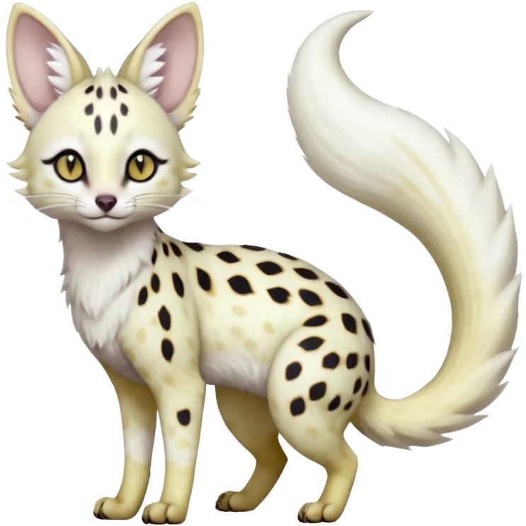 White Albino light whitish grey-spotted Serval-Civet-Genet-Trico-Furret-Linoone-Noibat-Espeon-Fakémon-Pokémon-animal-hybrid-fusion-creature (full body) with vibrant glowing eyes, cute, elegant, soft, realistic, pastel fur emoji